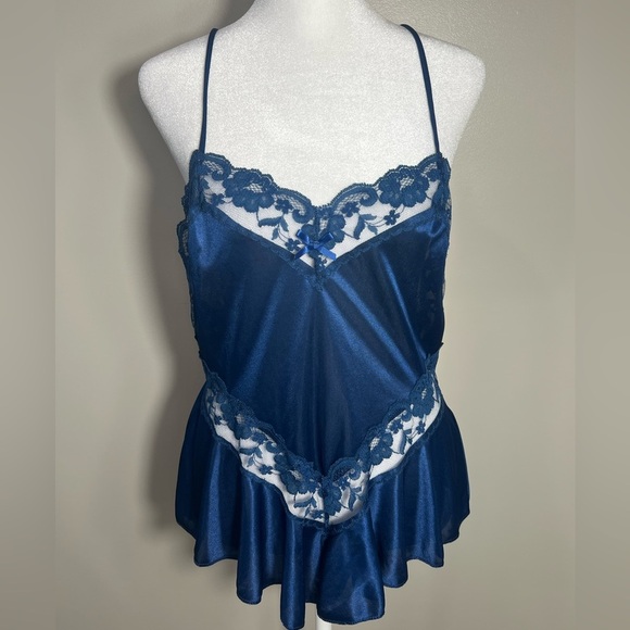 Vintage Blue lace trim satin onesie snaps lace trim ruffle teddy romper Chemise - Picture 1 of 8